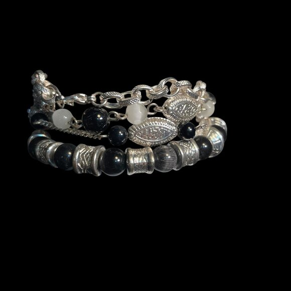 Covington Silver Black Beaded Bracelet Set Multi Strand Boho Chic Layered Look - Picture 3 of 7